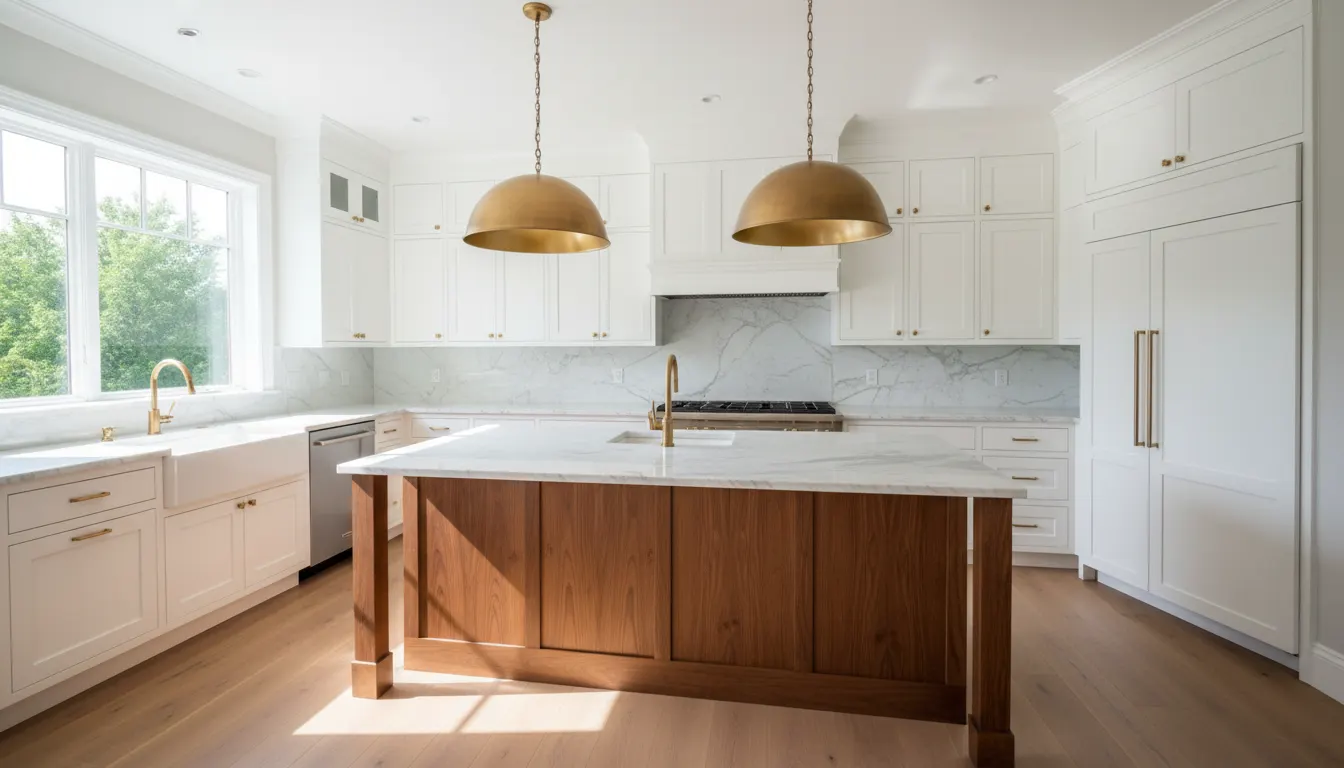 Sunlit remodeled kitchen with white cabinetry, walnut island and brass fixtures