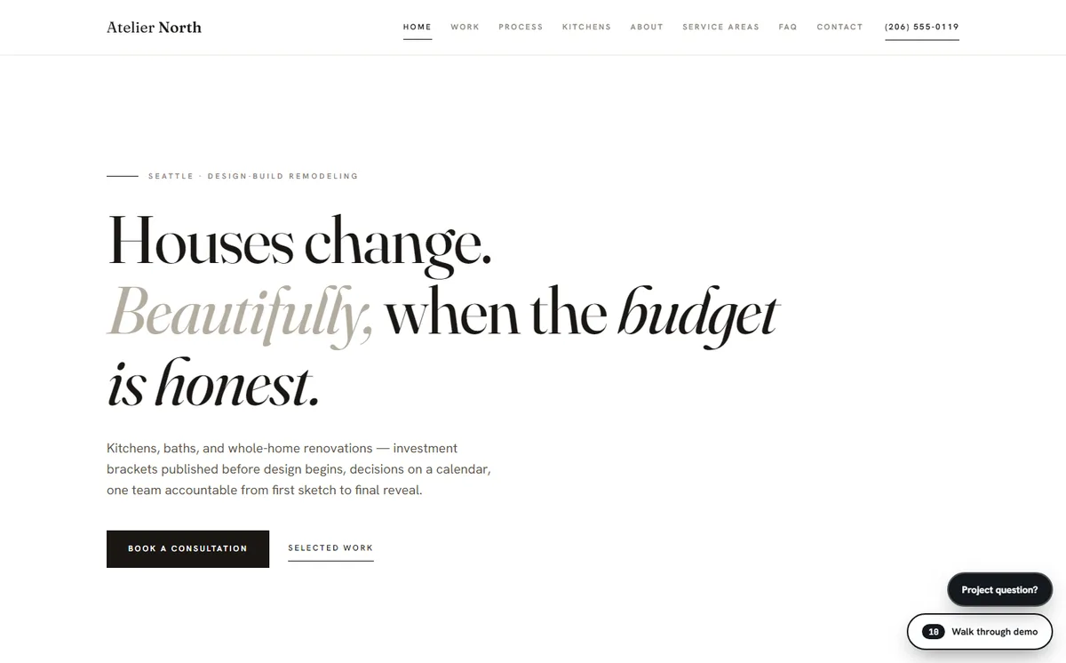 Atelier North Remodeling home page on desktop