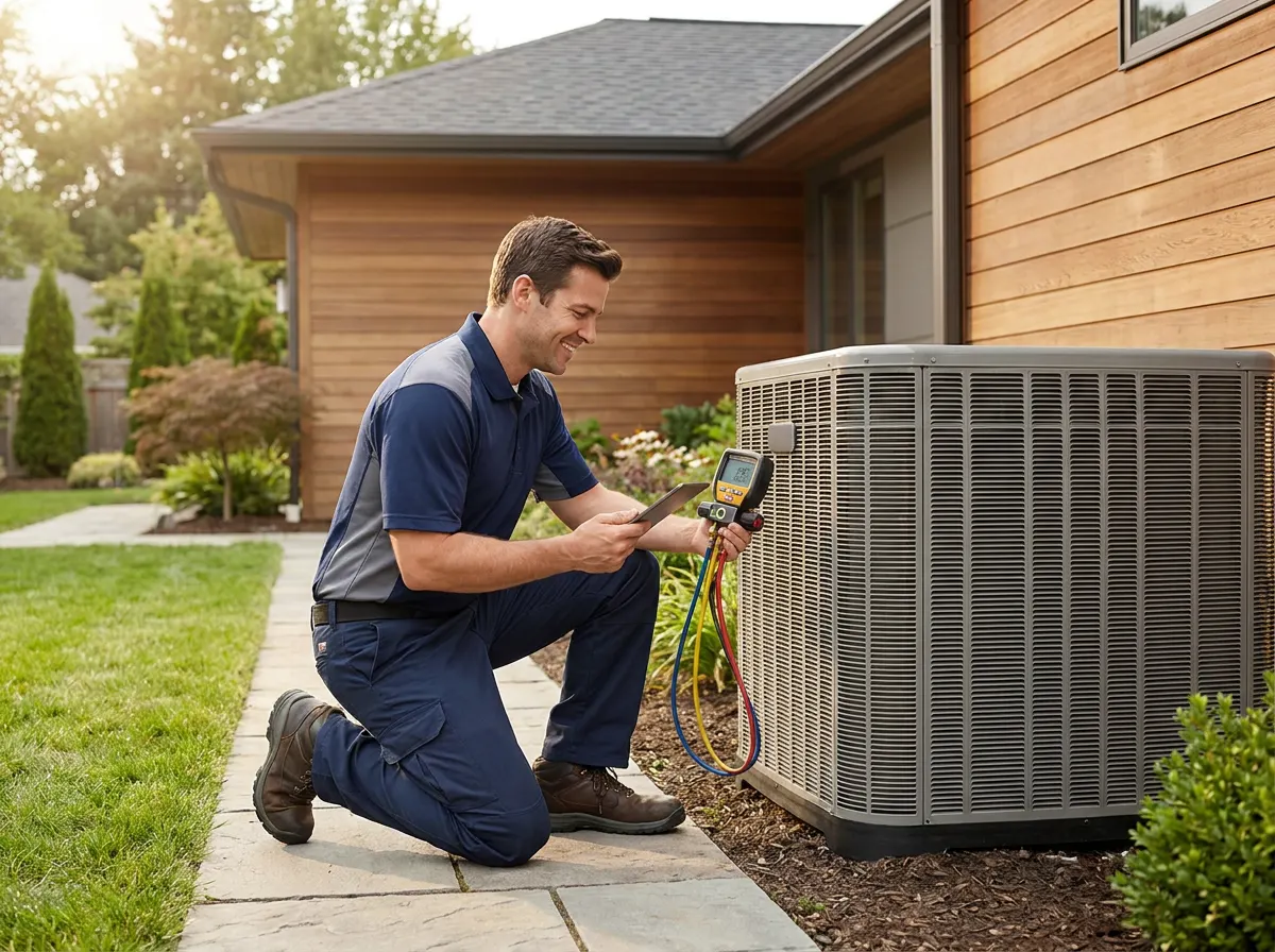 HVAC technician at work on residential equipment