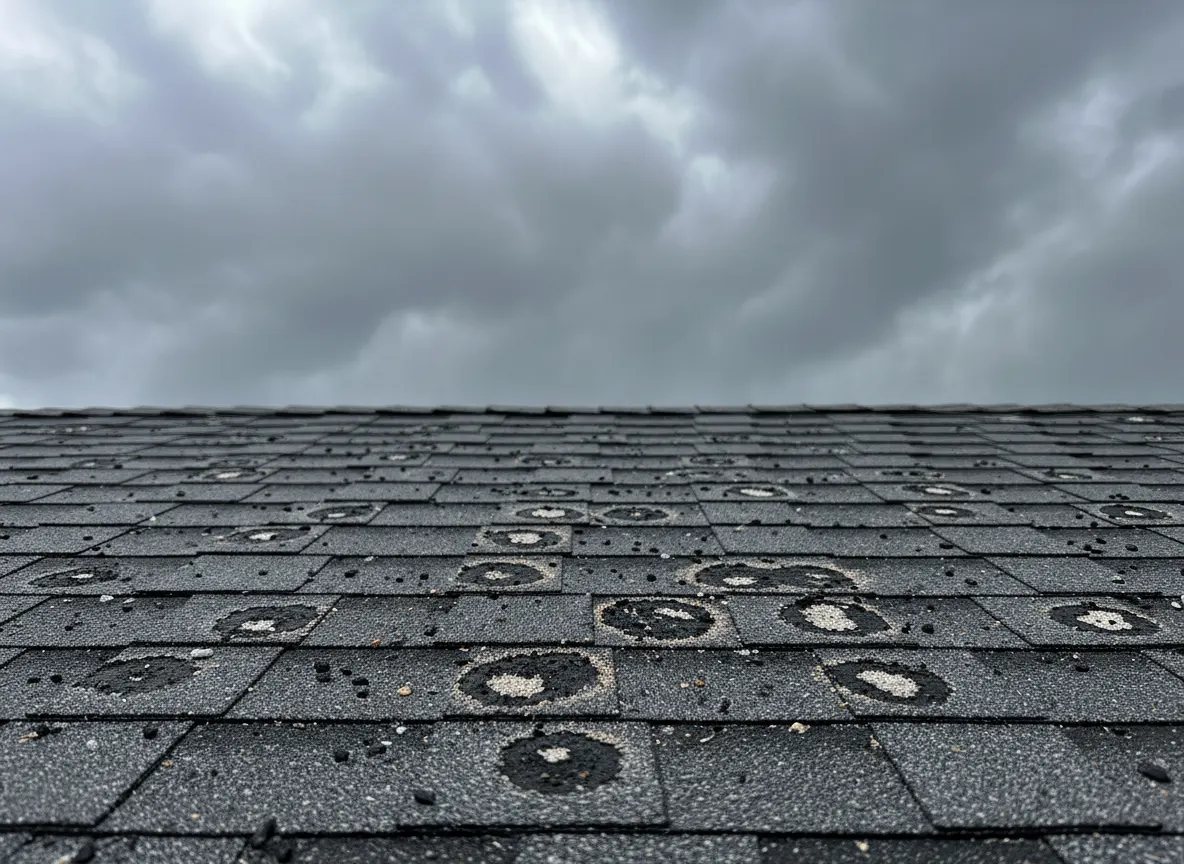 Close-up of hail impact damage on asphalt shingles after a storm