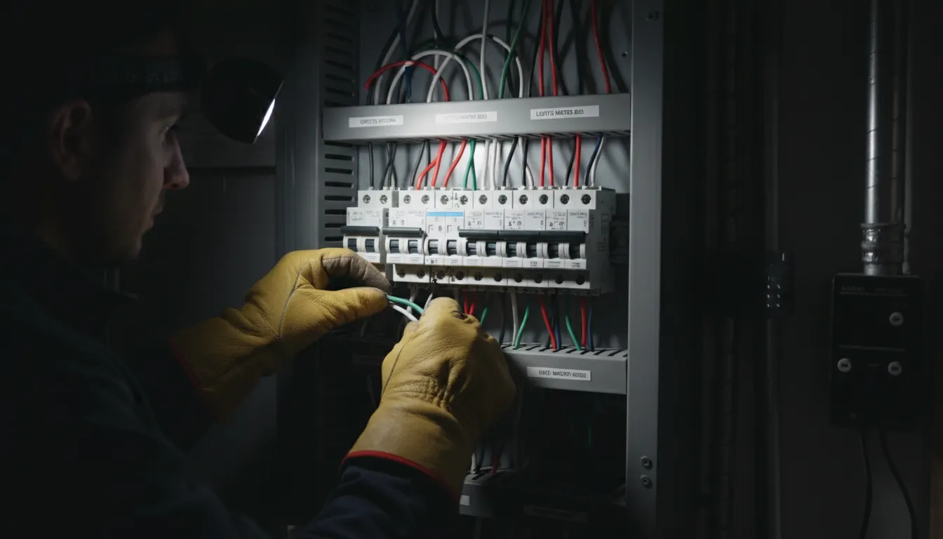Electrician wiring a tidy labeled residential breaker panel